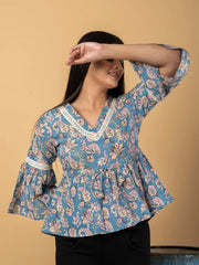 Jaitpuriya Women Sky Blue Cotton Peplum Top