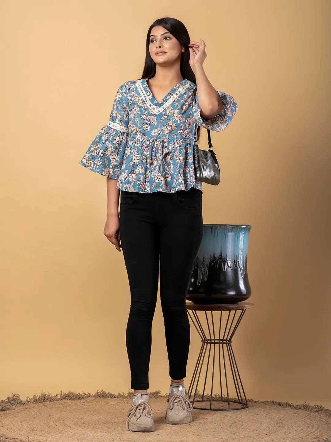 Jaitpuriya Women Sky Blue Cotton Peplum Top