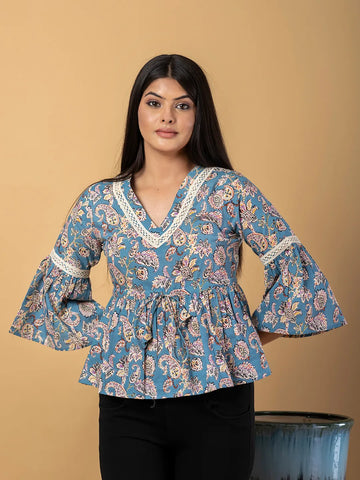 Jaitpuriya Women Sky Blue Cotton Peplum Top