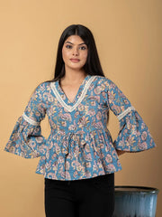 Jaitpuriya Women Sky Blue Cotton Peplum Top