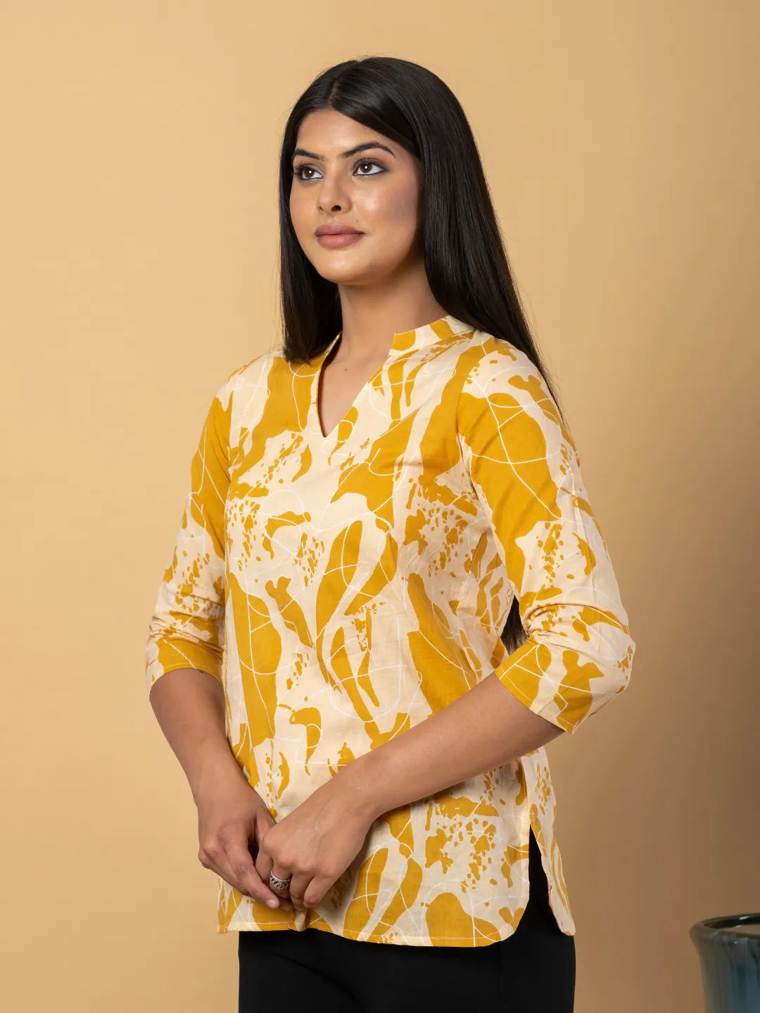 Jaitpuriya Women Mustard Cotton Ragular Top