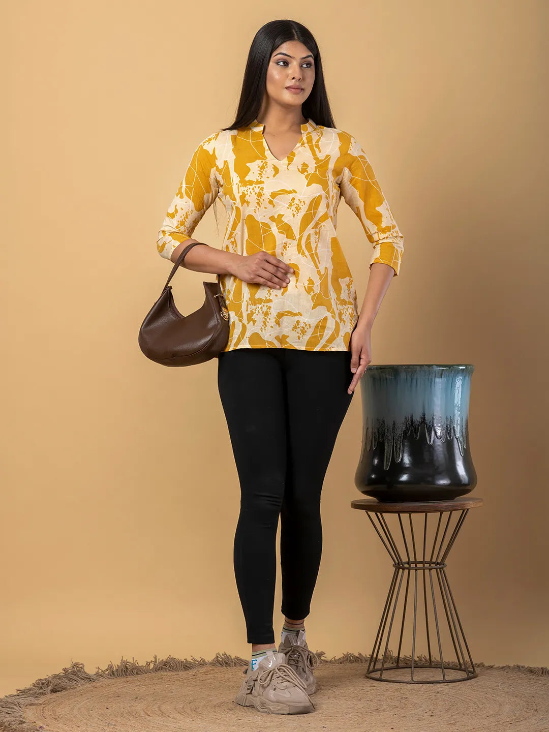 Jaitpuriya Women Mustard Cotton Ragular Top