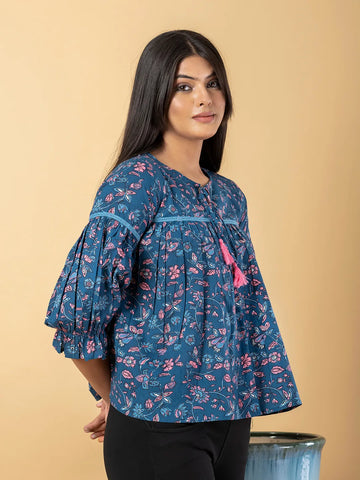 Jaitpuriya Women Teal Blue Cotton Cinched Waist Top