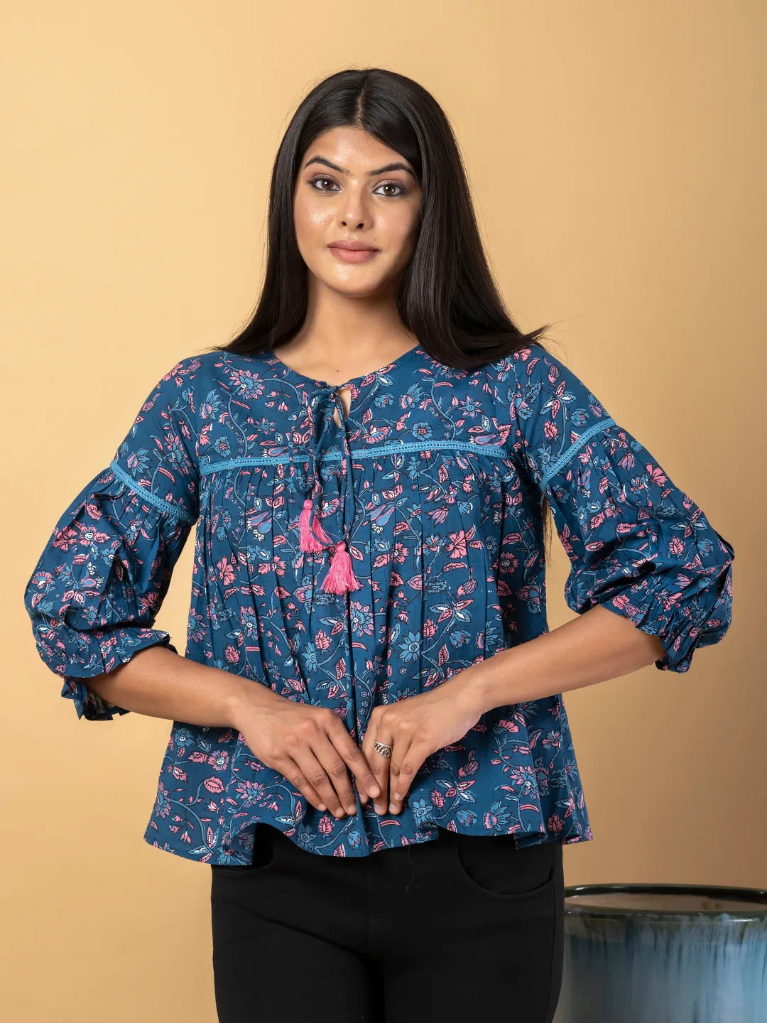 Jaitpuriya Women Teal Blue Cotton Cinched Waist Top
