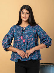 Jaitpuriya Women Teal Blue Cotton Cinched Waist Top