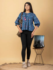 Jaitpuriya Women Teal Blue Cotton Cinched Waist Top