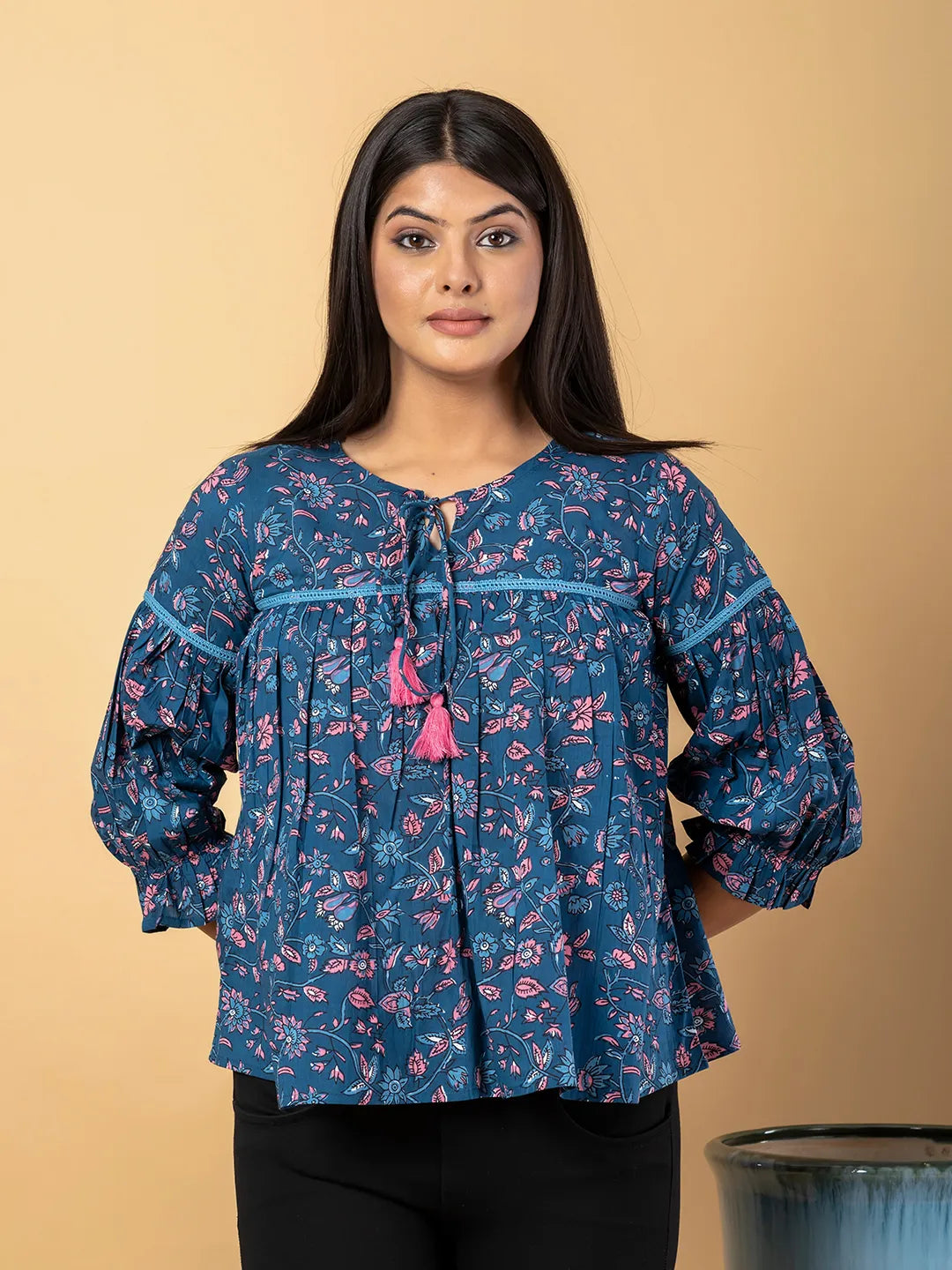 Jaitpuriya Women Teal Blue Cotton Cinched Waist Top