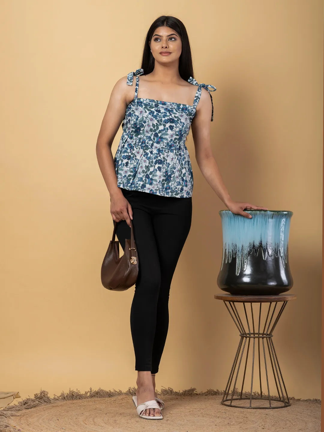 Jaitpuriya Women Teal Blue And White Cotton Peplum Top