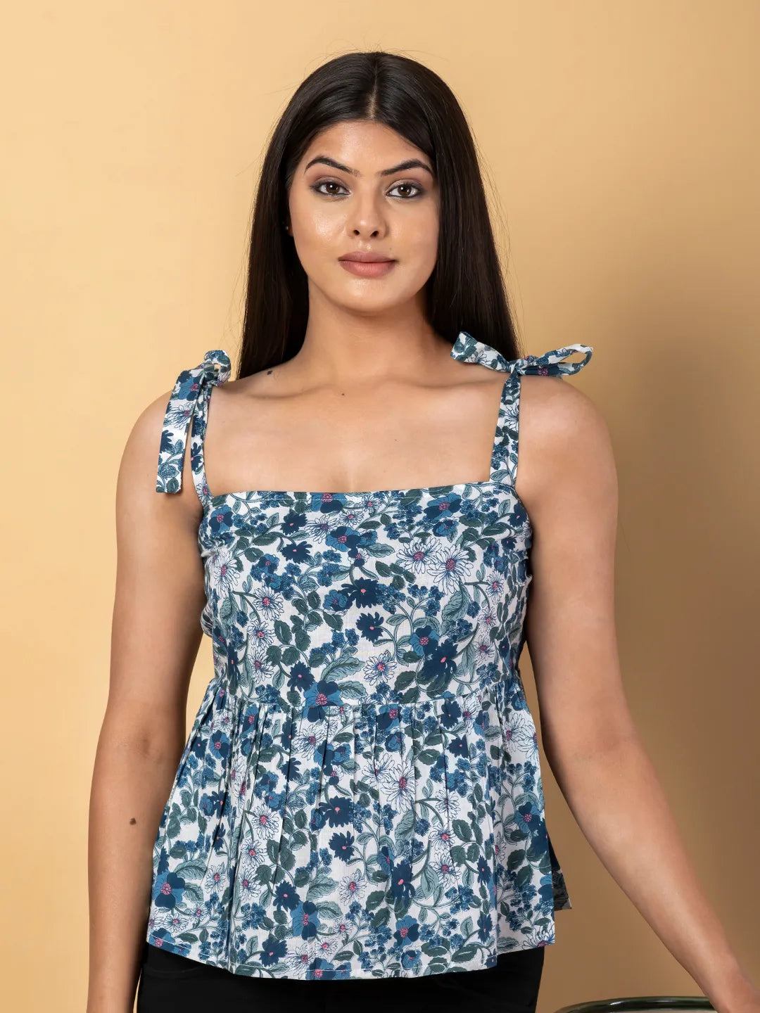 Jaitpuriya Women Teal Blue And White Cotton Peplum Top