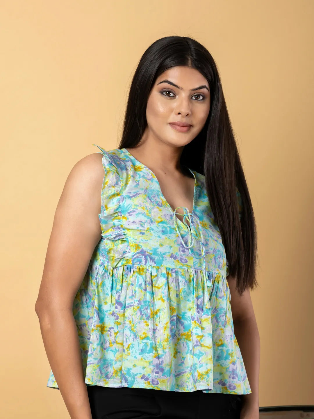 Jaitpuriya Women Sea Green Cotton Empire Top