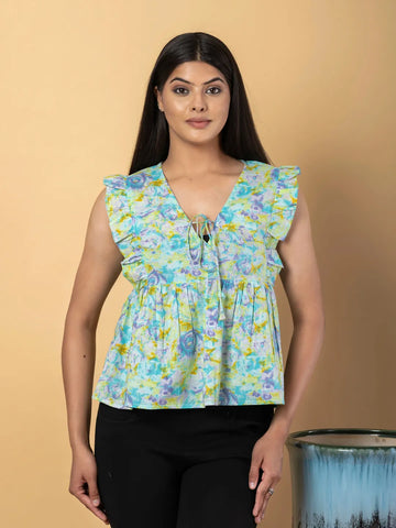 Jaitpuriya Women Sea Green Cotton Empire Top