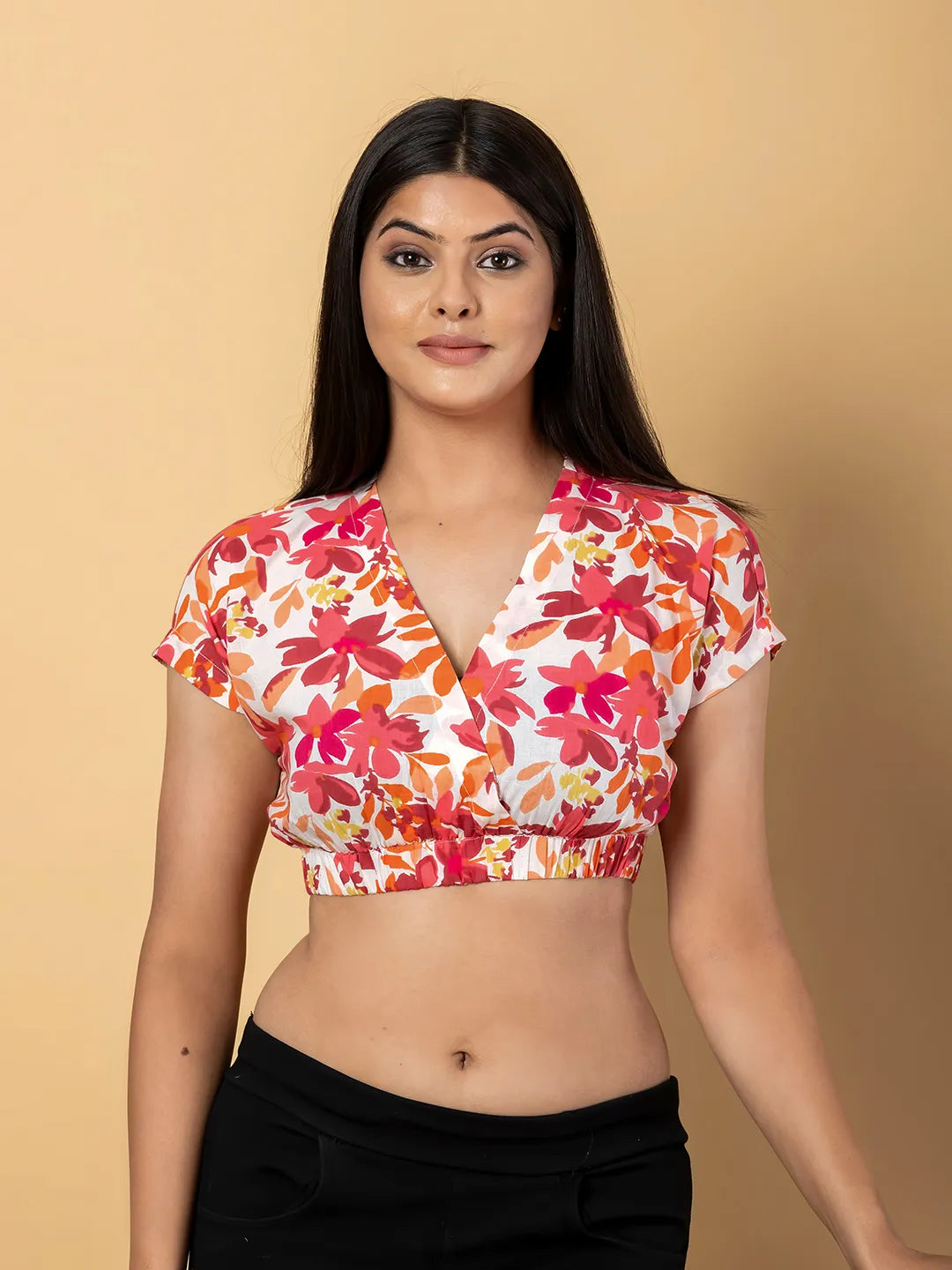Jaitpuriya Women White And Peach Cotton Crop Top