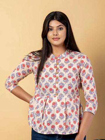 Jaitpuriya Women Cream Cotton Ragular Top