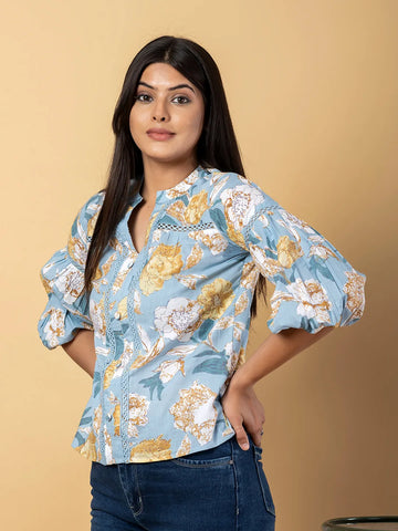 Jaitpuriya Women Sky Blue Cotton Ragular Top