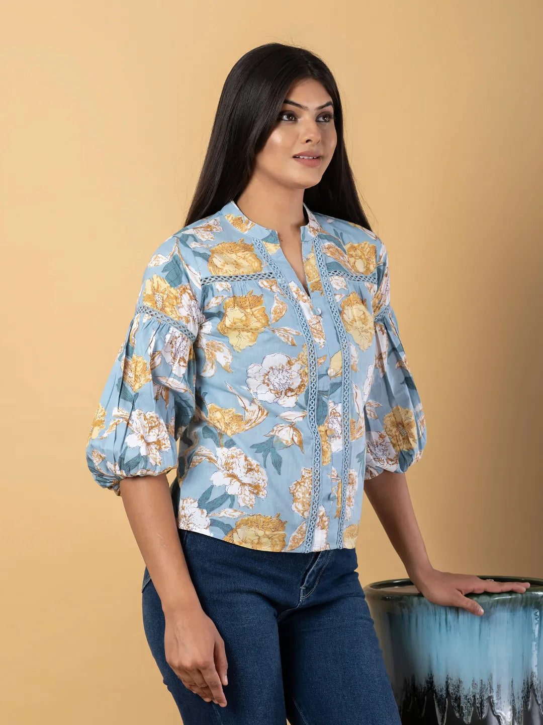 Jaitpuriya Women Sky Blue Cotton Ragular Top