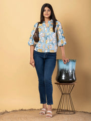Jaitpuriya Women Sky Blue Cotton Ragular Top