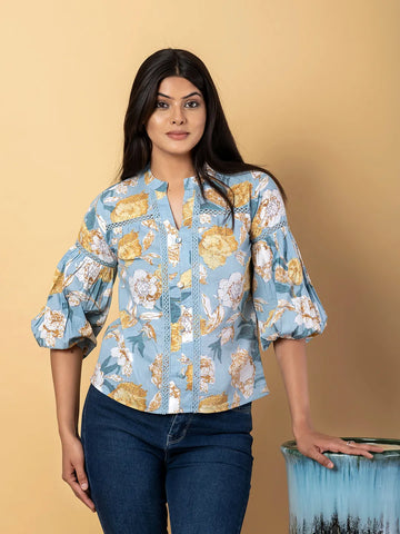 Jaitpuriya Women Sky Blue Cotton Ragular Top