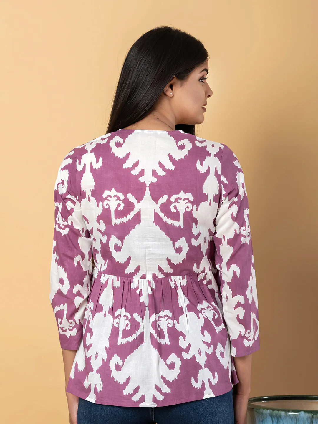 Jaitpuriya Women Mauve And White Cotton Peplum Top
