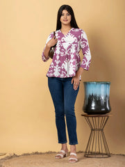 Jaitpuriya Women Mauve And White Cotton Peplum Top