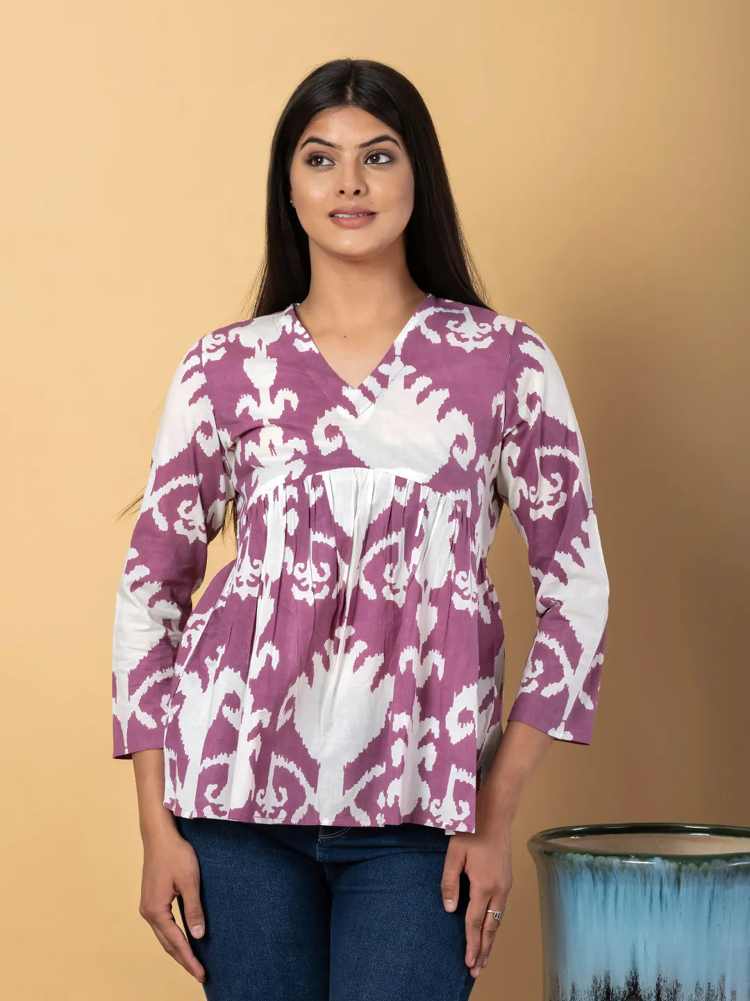 Jaitpuriya Women Mauve And White Cotton Peplum Top