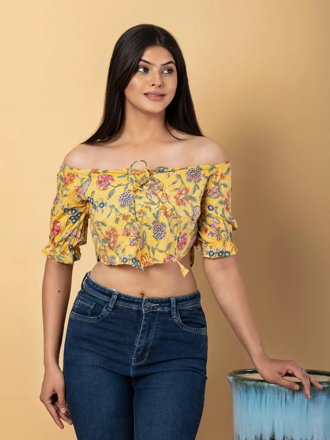 Jaitpuriya Women Mustard Cotton Bardot Top