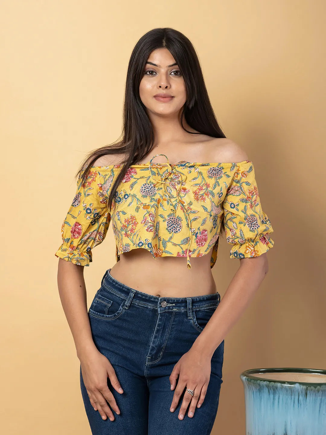 Jaitpuriya Women Mustard Cotton Bardot Top