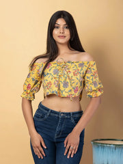 Jaitpuriya Women Mustard Cotton Bardot Top
