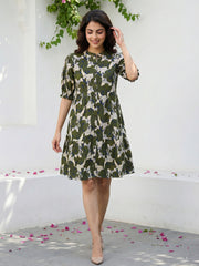 Green And Beige Pure Cotton Fit & flare Side Tape Dresses