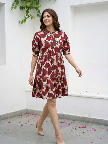 Jaitpuriya Red And Beige Pure Cotton Fit & flare Side Tape Dresses