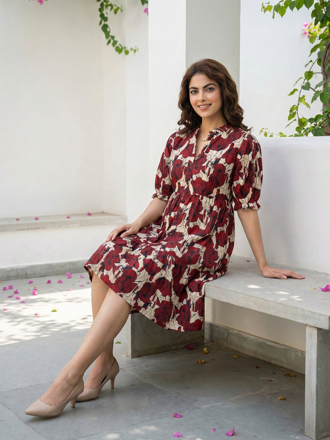 Jaitpuriya Red And Beige Pure Cotton Fit & flare Side Tape Dresses