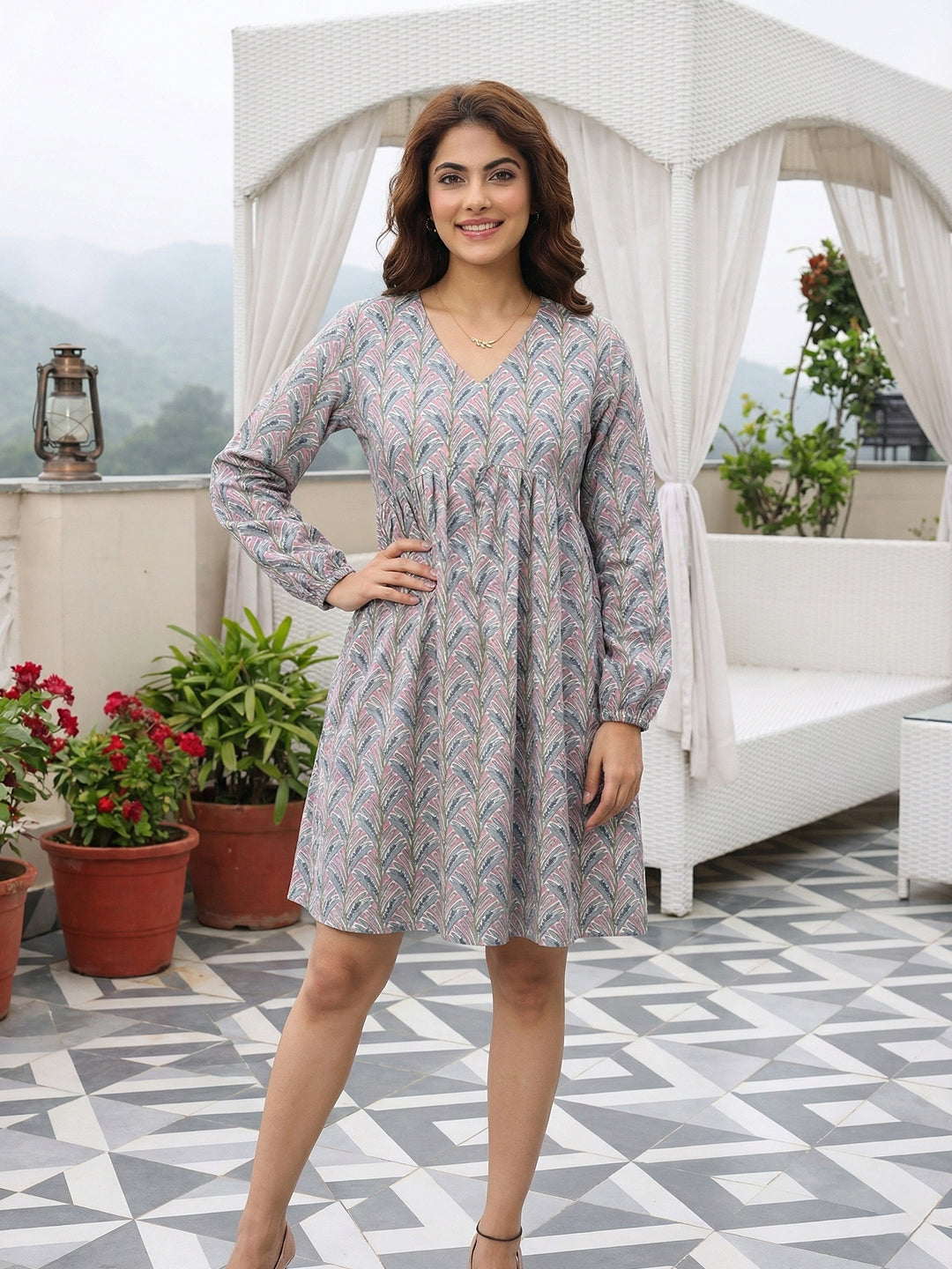 Jaitpuriya Grey And Mauve Pure Cotton Fit & flare Gathered or Pleated Dresses