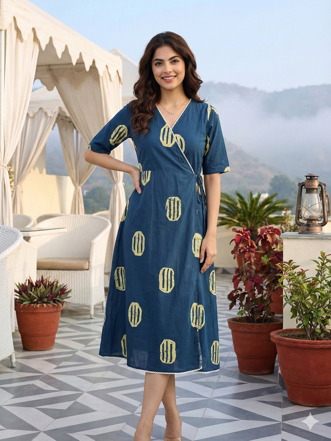 Jaitpuriya Blue Pure Cotton Fit & flare Angrakha Dresses