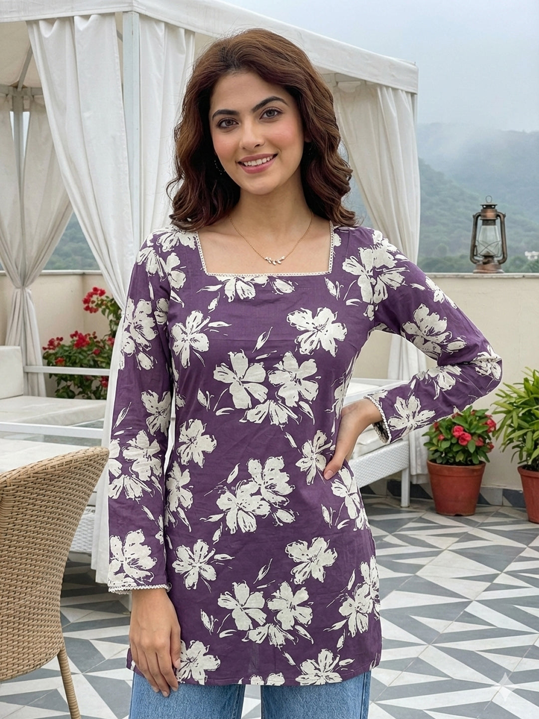 Jaitpuriya Purple Pure Cotton Straight Regular Kurti