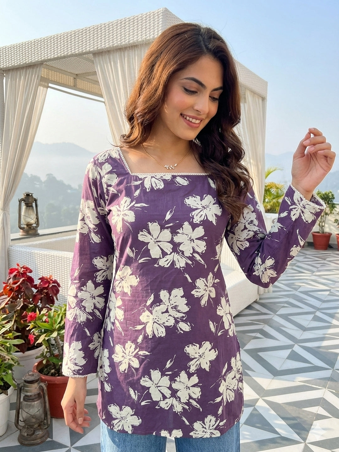 Jaitpuriya Purple Pure Cotton Straight Regular Kurti