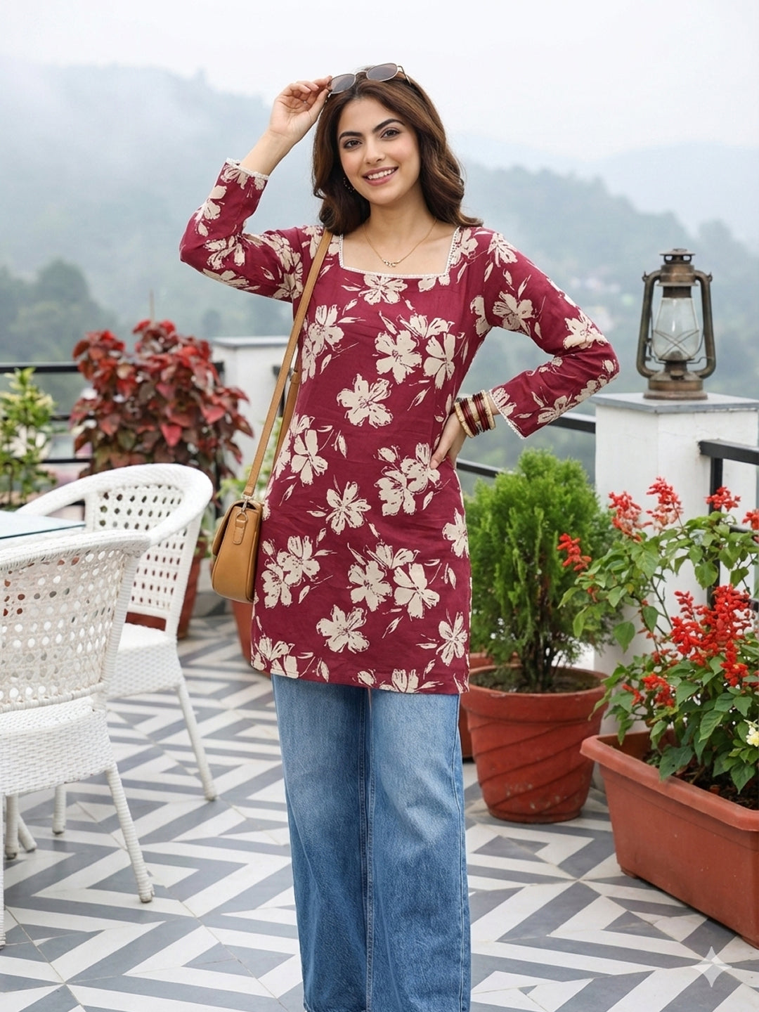 Jaitpuriya Red Pure Cotton Straight Regular Kurti