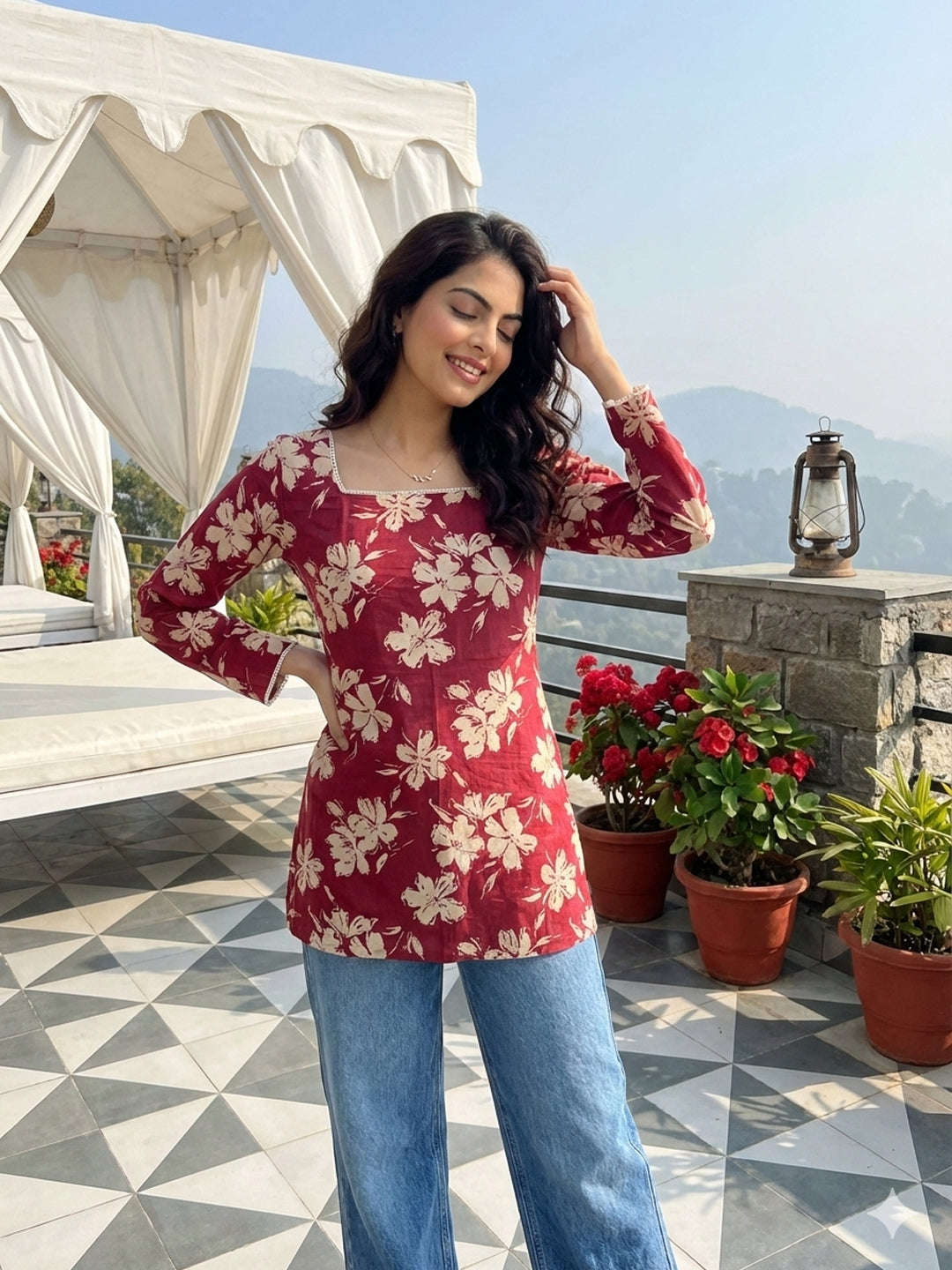 Jaitpuriya Red Pure Cotton Straight Regular Kurti