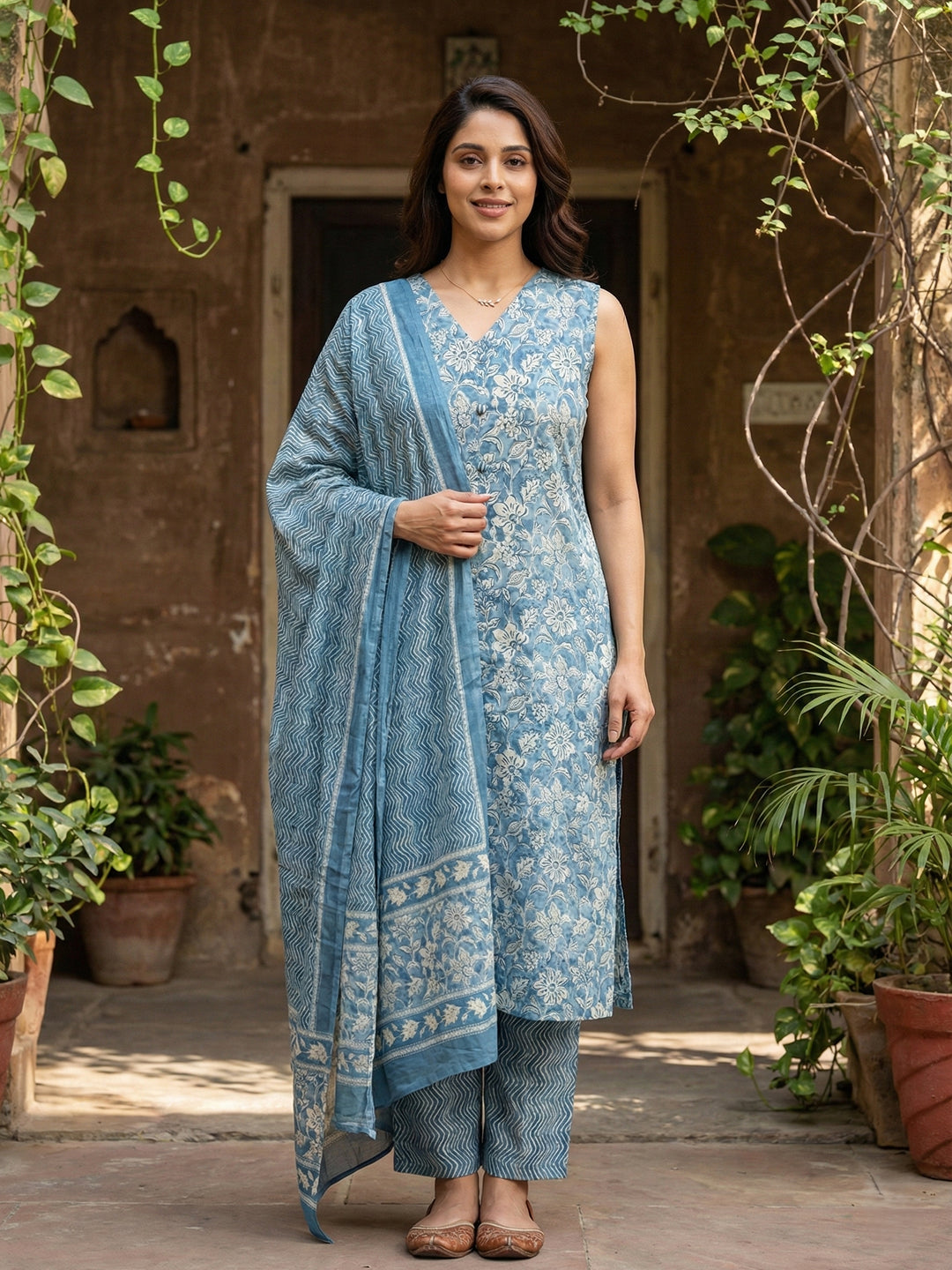 Jaitpuriya Blue And Beige Pure Cotton Straight Regular Kurta Set