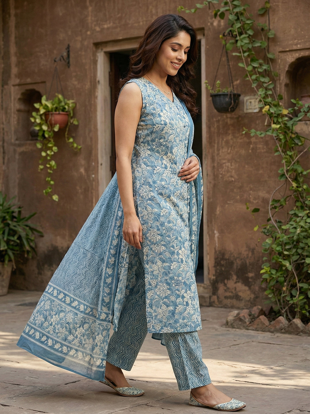 Jaitpuriya Blue And Beige Pure Cotton Straight Regular Kurta Set