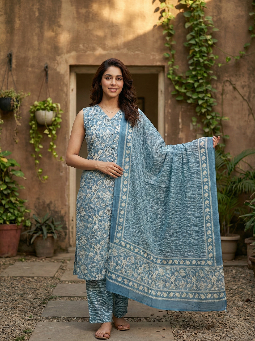 Jaitpuriya Blue And Beige Pure Cotton Straight Regular Kurta Set