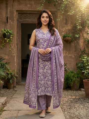 Jaitpuriya Mauve And Beige Pure Cotton Straight Regular Kurta Set