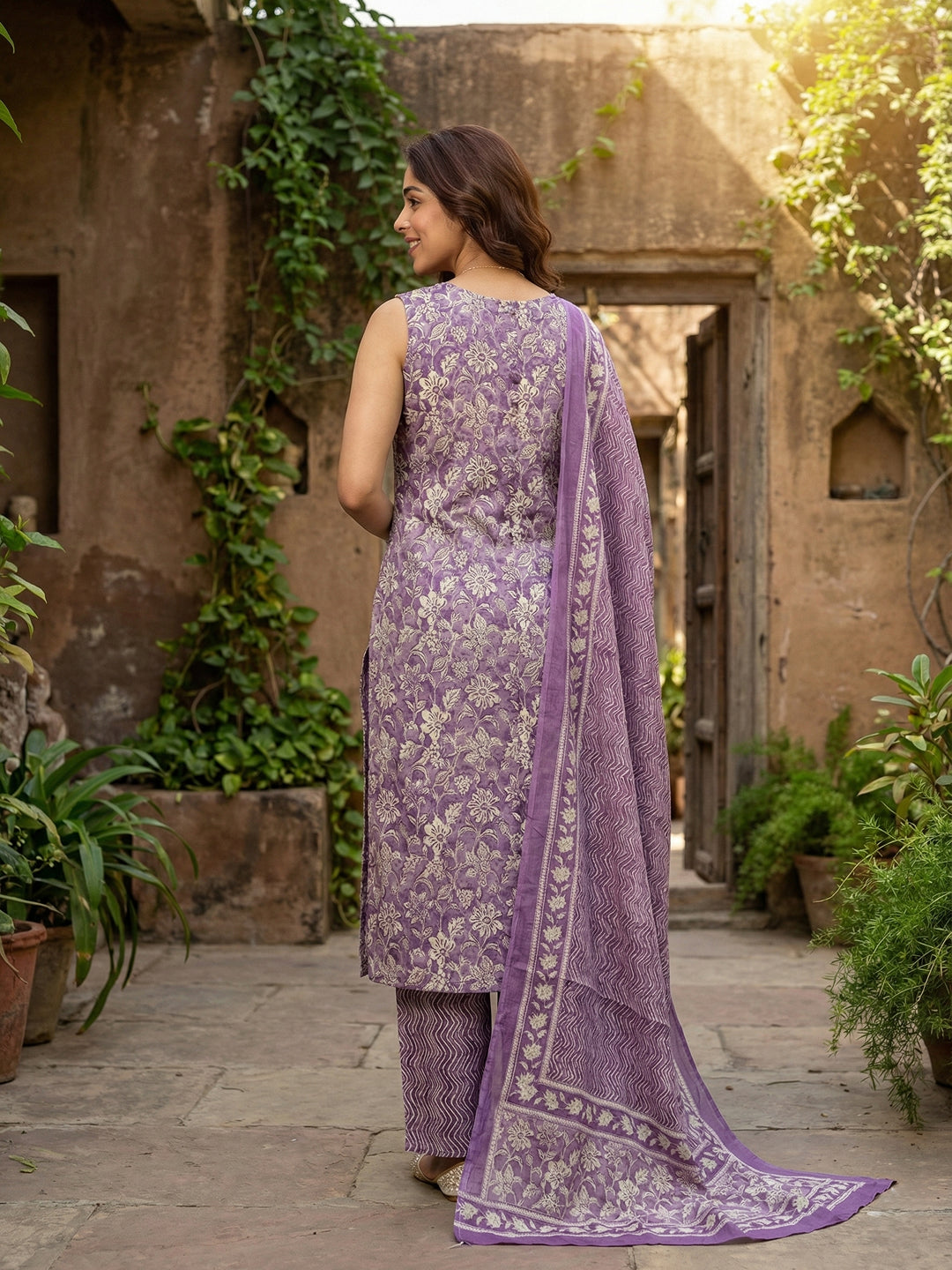 Jaitpuriya Mauve And Beige Pure Cotton Straight Regular Kurta Set