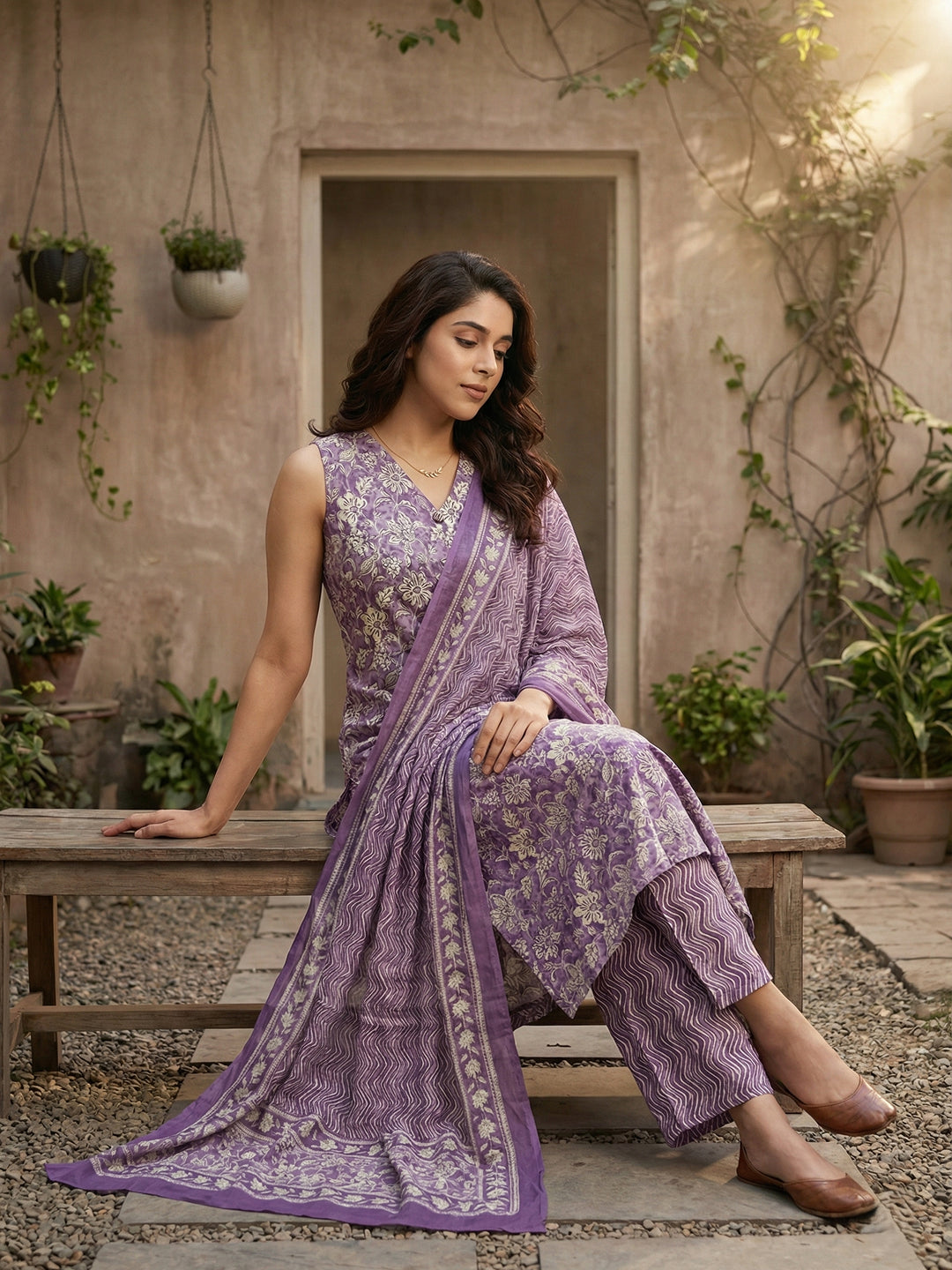 Jaitpuriya Mauve And Beige Pure Cotton Straight Regular Kurta Set