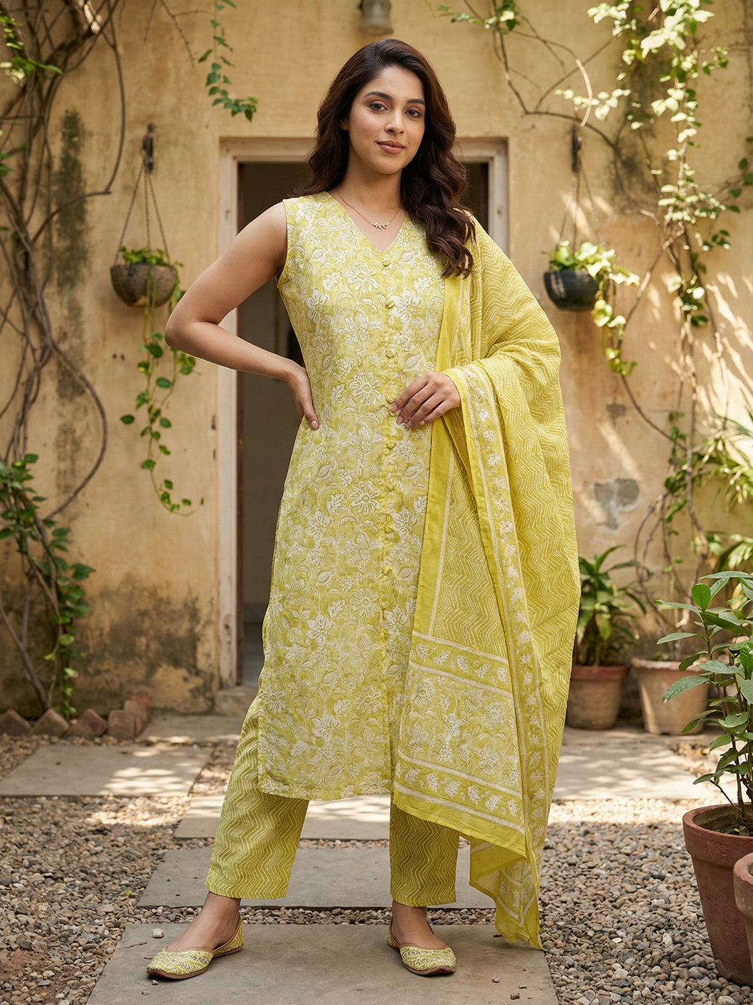 Jaitpuriya Yellow And Beige Pure Cotton Straight Regular Kurta Set