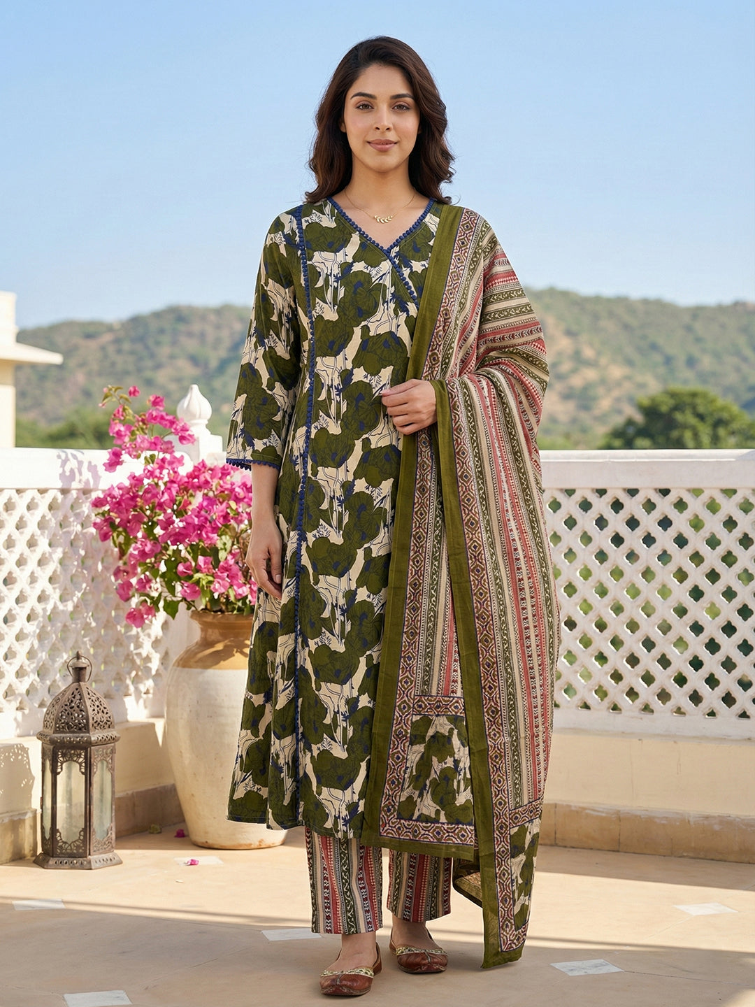 Jaitpuriya Green And Baige Pure Cotton A-line angrakha Kurta Set