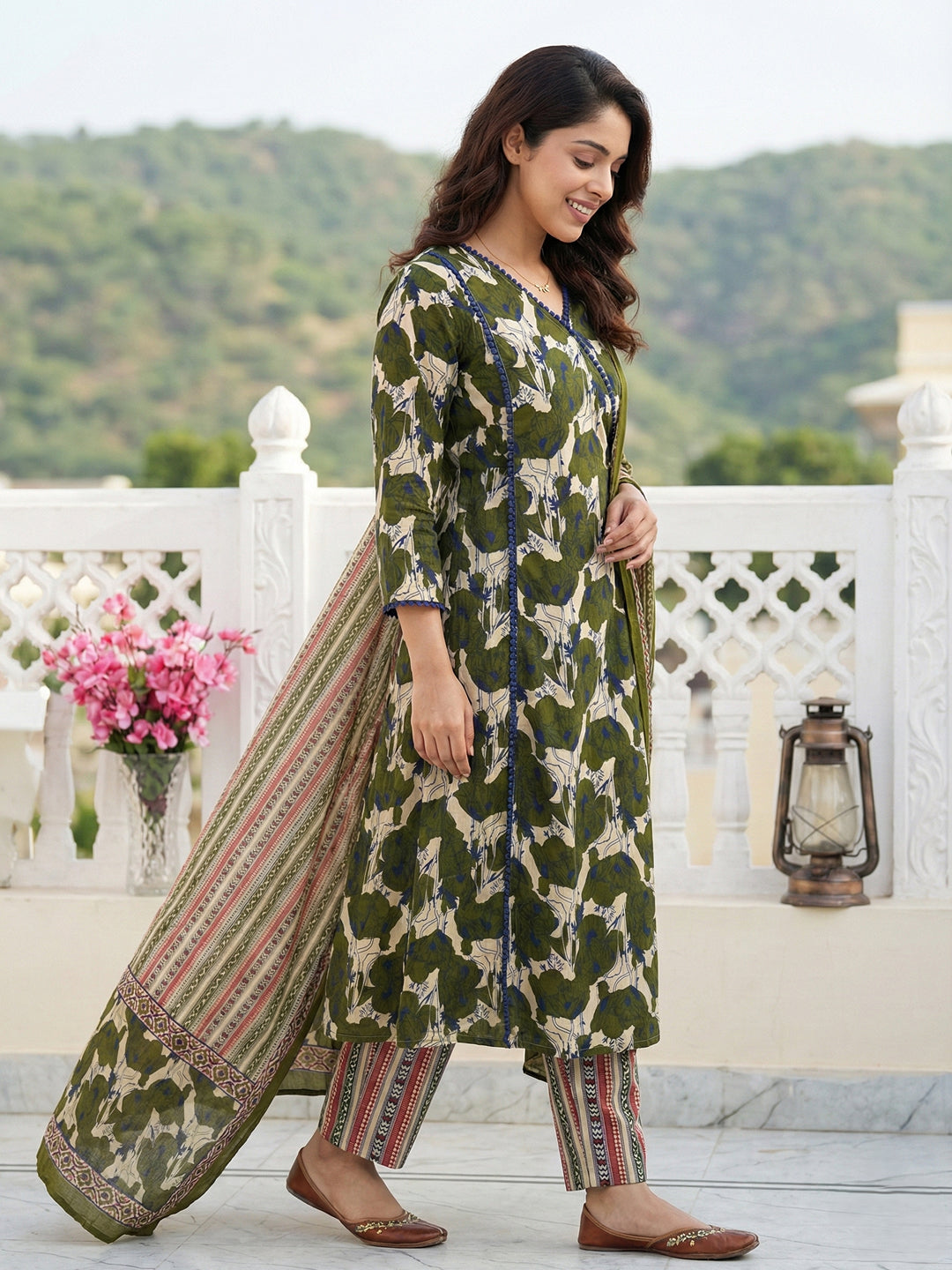 Jaitpuriya Green And Baige Pure Cotton A-line angrakha Kurta Set