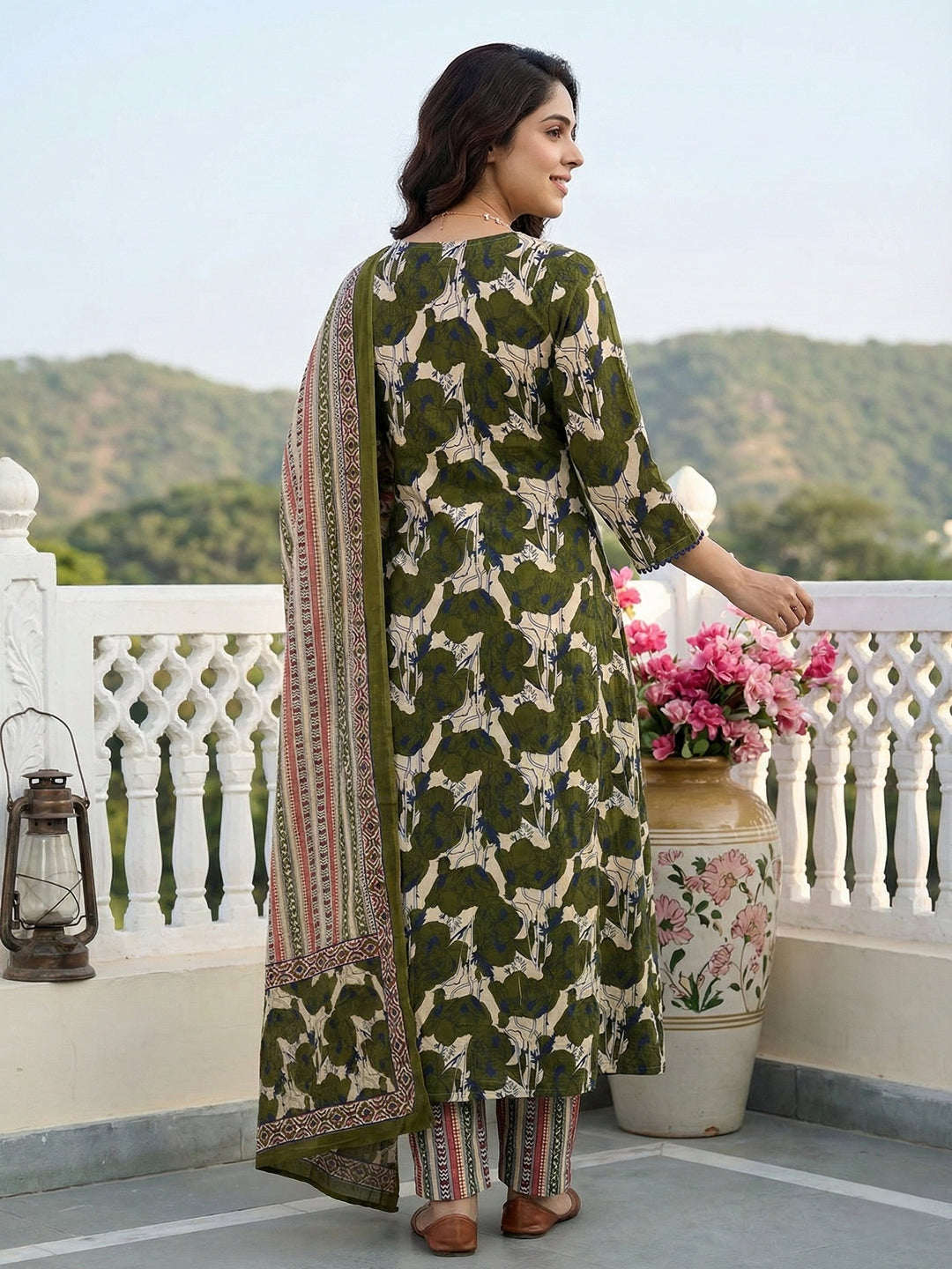 Jaitpuriya Green And Baige Pure Cotton A-line angrakha Kurta Set