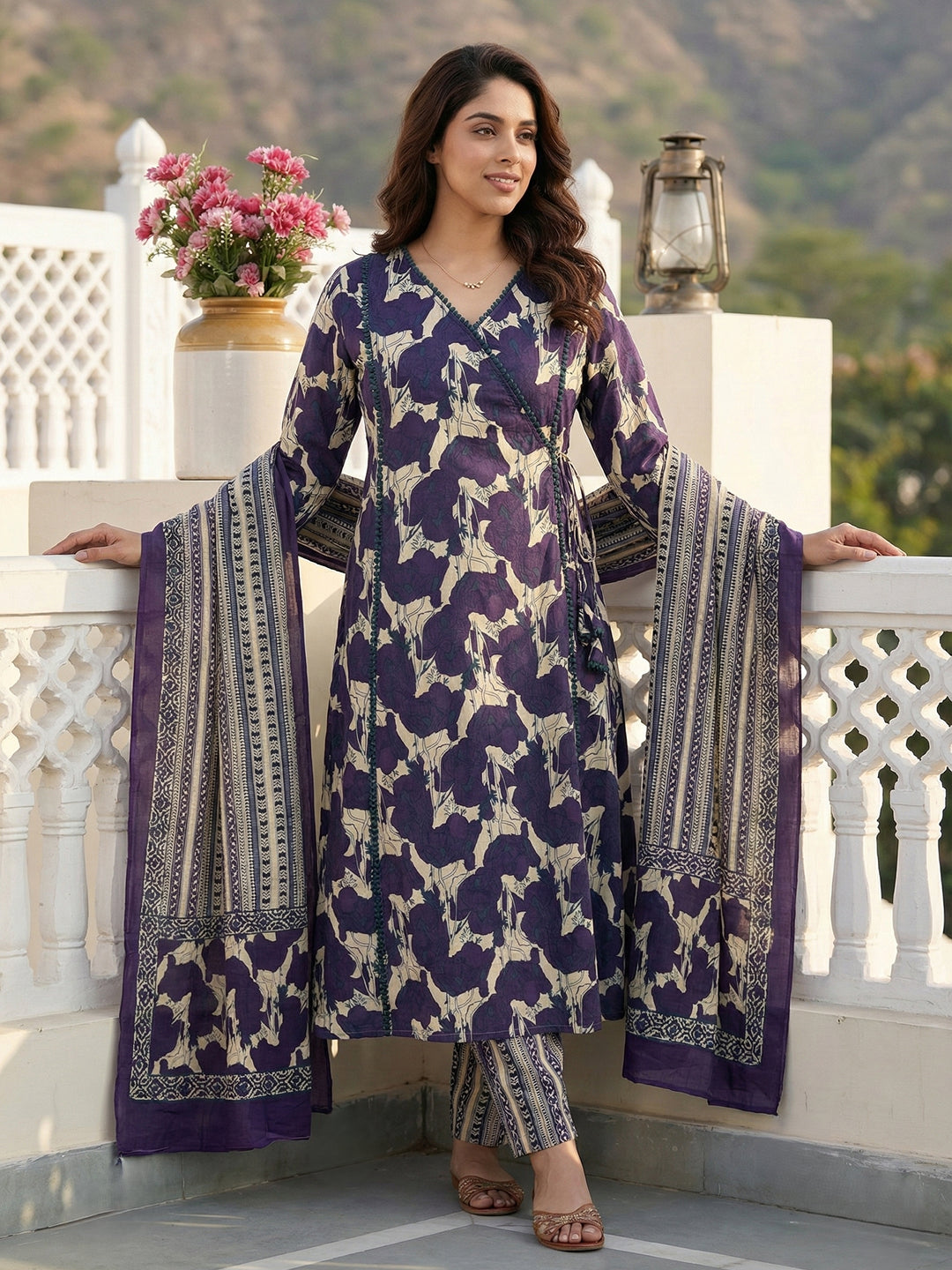 Jaitpuriya Purple And Baige Pure Cotton A-line angrakha Kurta Set