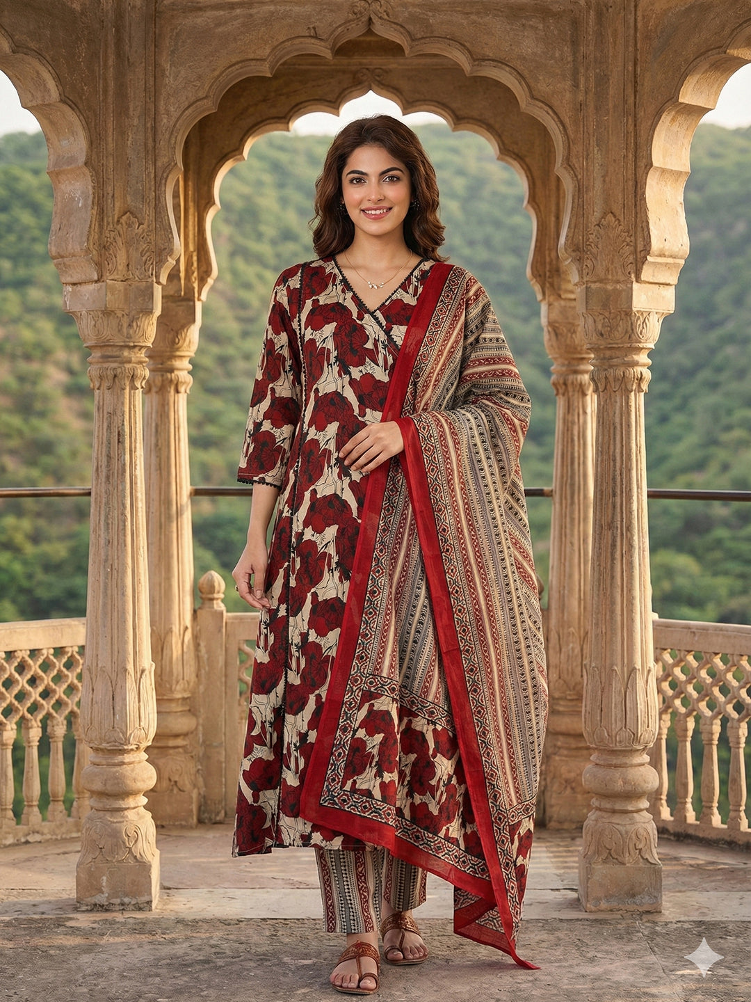 Jaitpuriya Red And Baige Pure Cotton A-line angrakha Kurta Set
