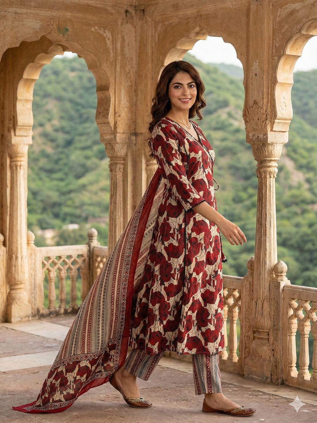 Jaitpuriya Red And Baige Pure Cotton A-line angrakha Kurta Set
