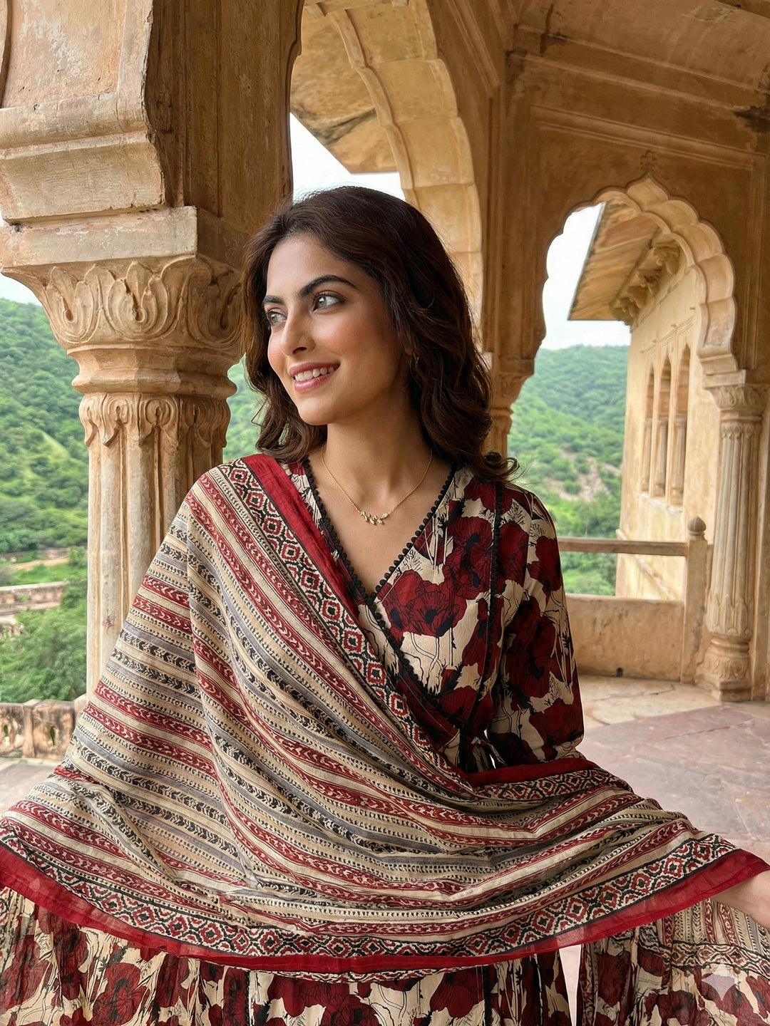 Jaitpuriya Red And Baige Pure Cotton A-line angrakha Kurta Set